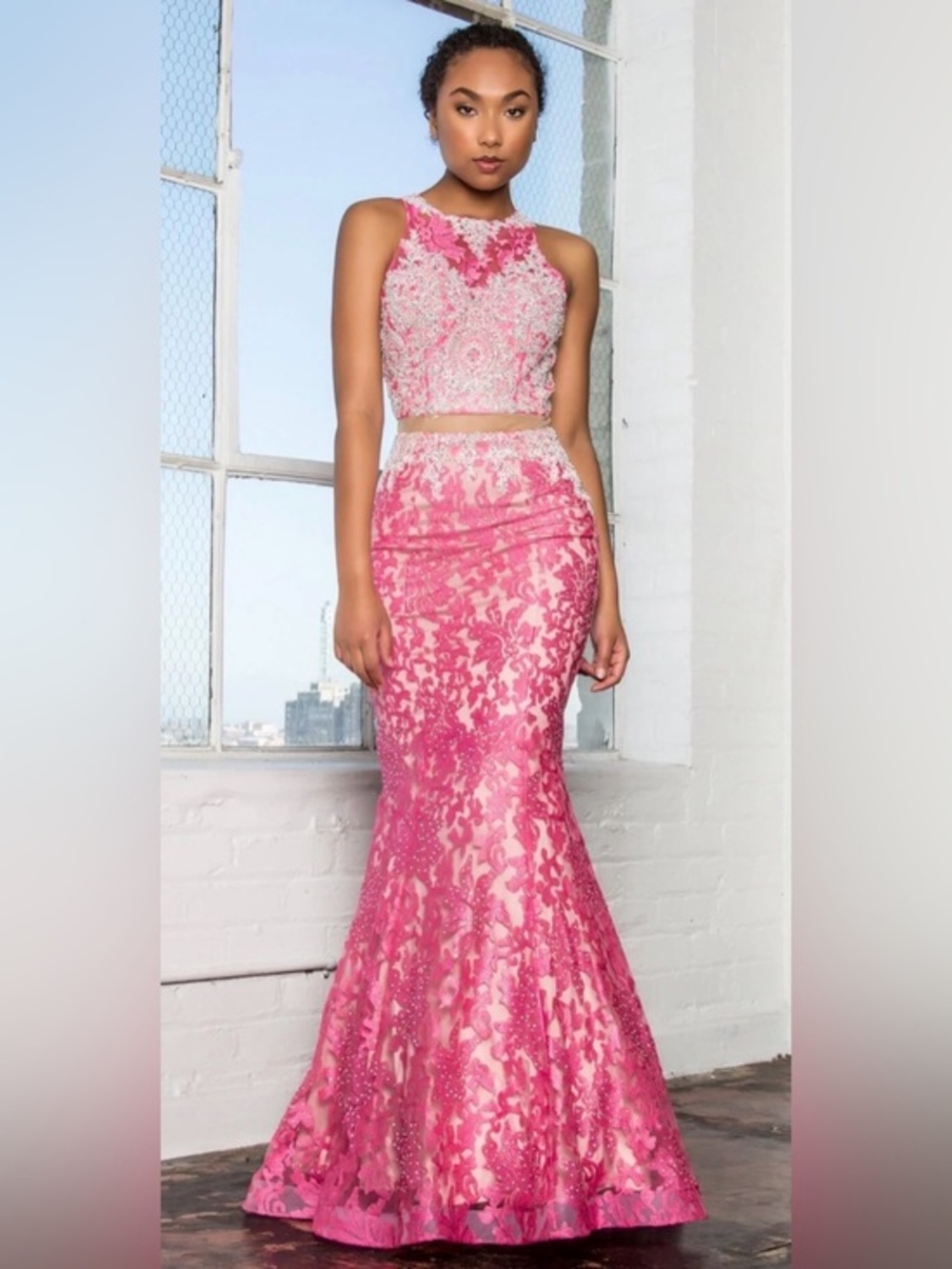 Prom Long Mock Two-Piece Formal Homecoming Dress Pink